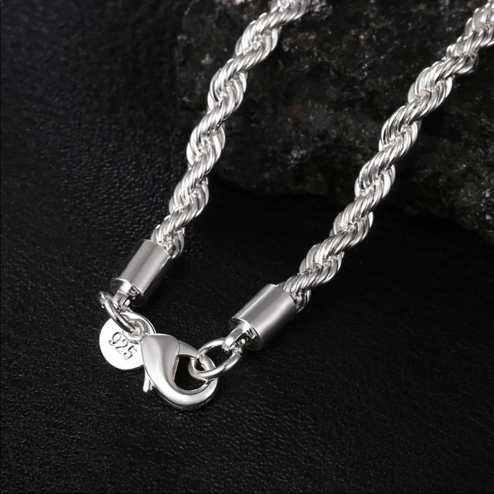 New Unisex 925 silver 4MM chain twisted rope necklace bracelets fashion Set - Picture 3 of 5